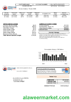 USA Hillsborough County business utility bill template in Word and PDF formats
